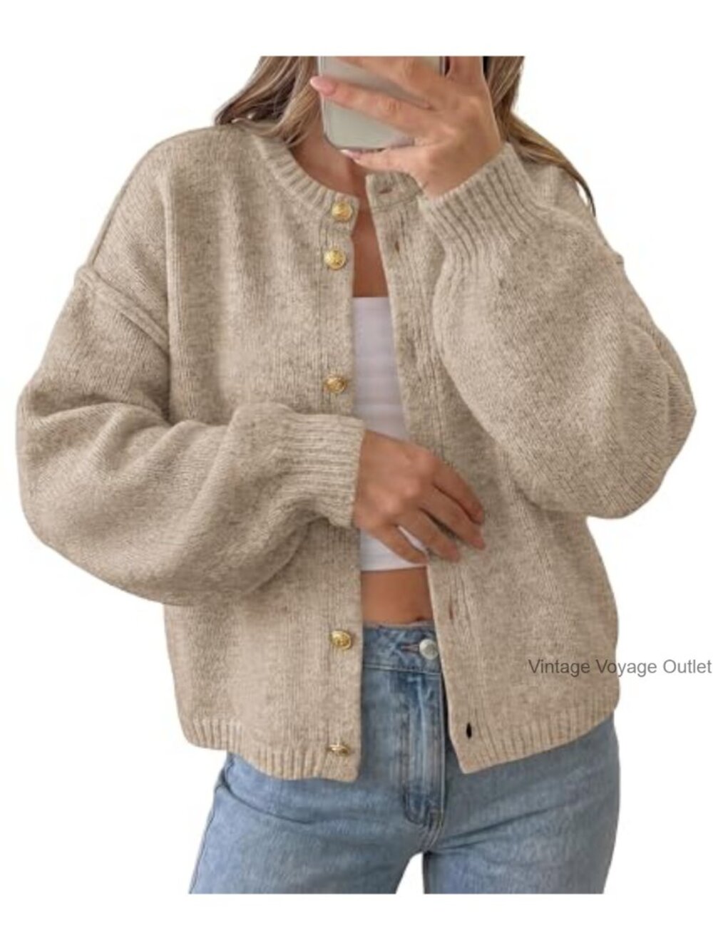 Chunky Knit Button Up Cardigan Lantern Sleeve Oversized
